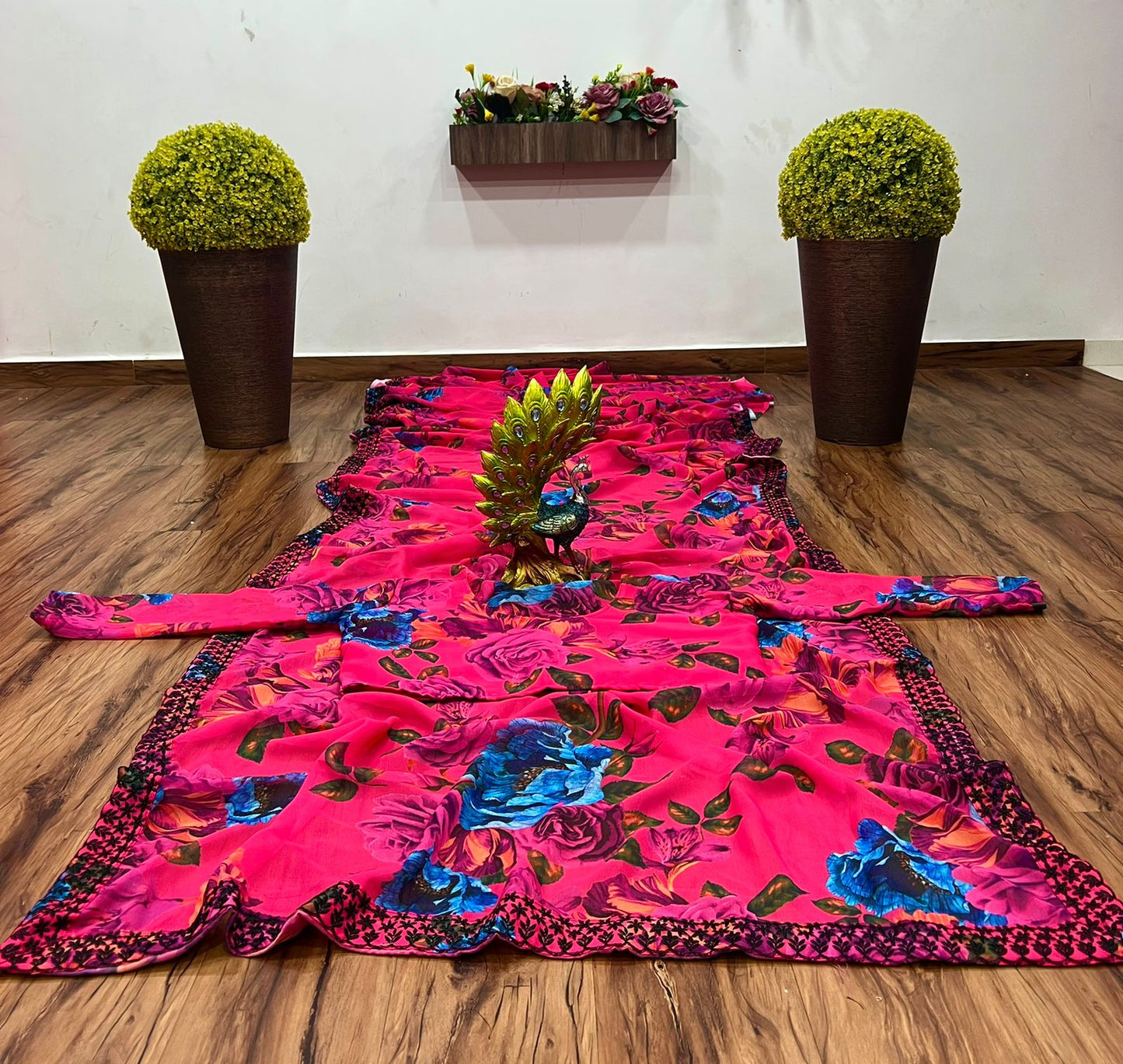 Mind-blowing Rani Pink Color Georgette Embroidered Printed Work Saree Blouse