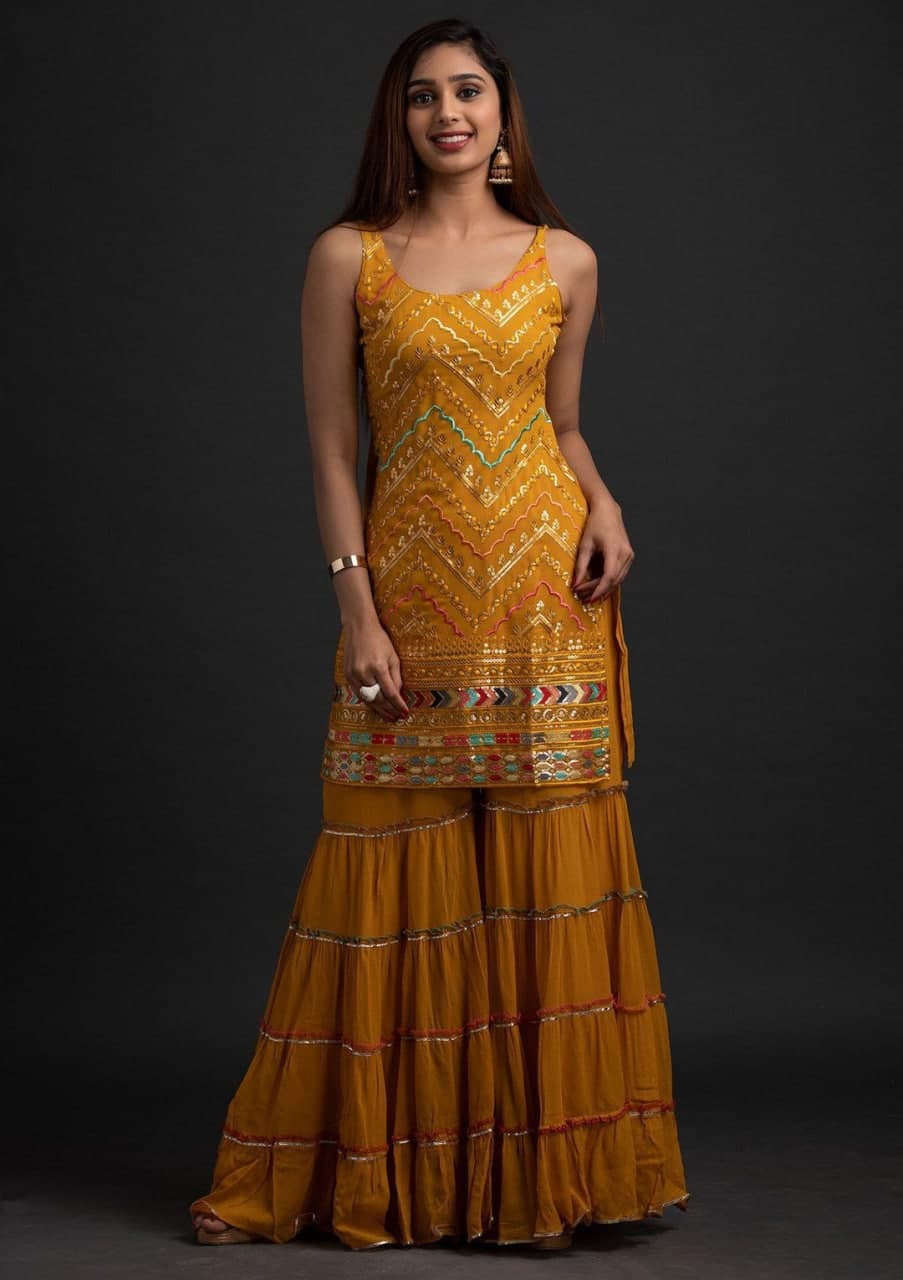 Admiring Mustard Color Party Wear Georgette Embroidered Work Sharara Suit