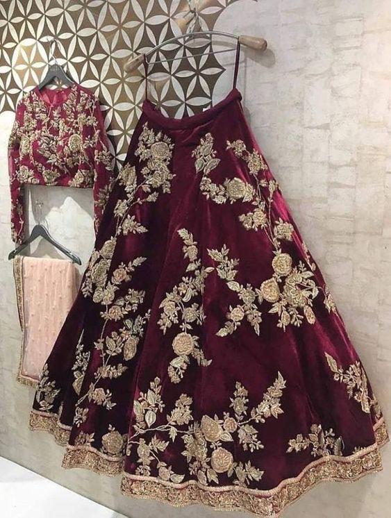 Surpassing Maroon Color Coding Embroidered Work Fancy Velvet Design Lehenga Choli