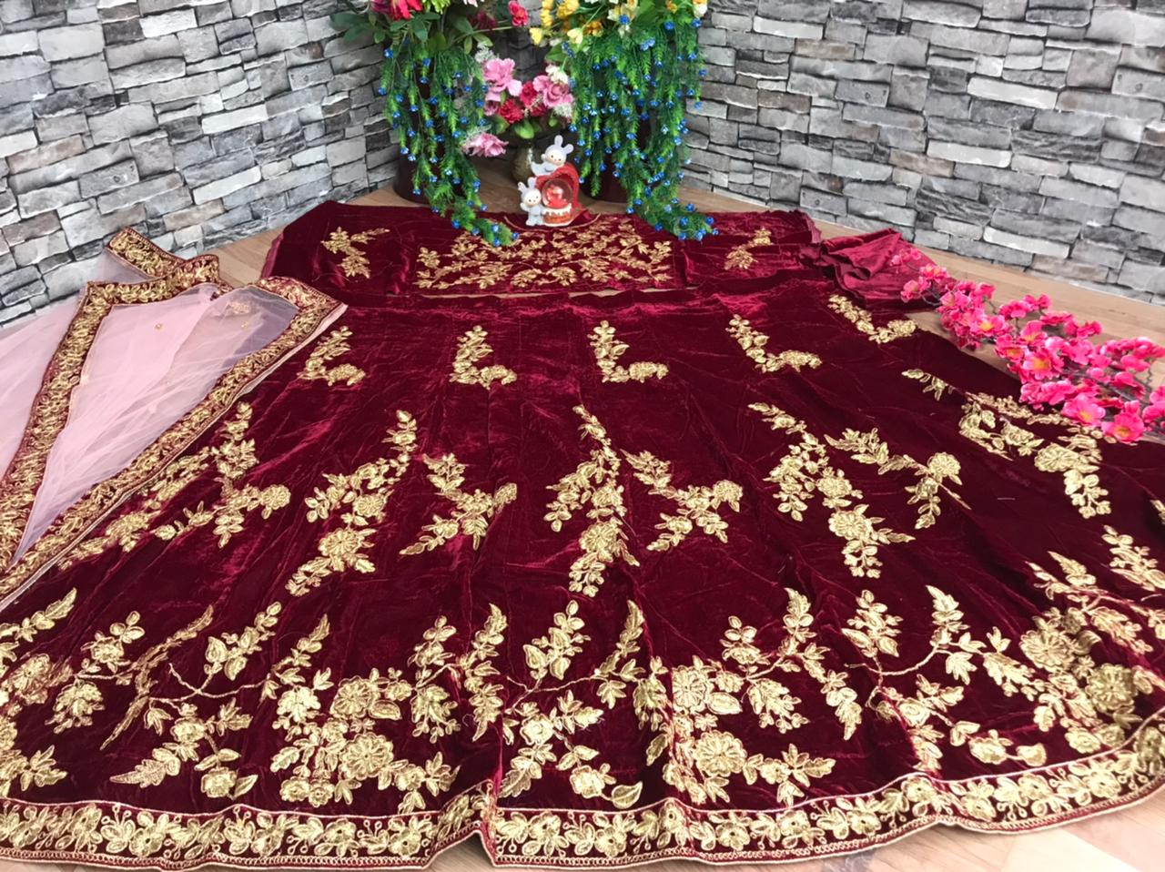 Surpassing Maroon Color Coding Embroidered Work Fancy Velvet Design Lehenga Choli