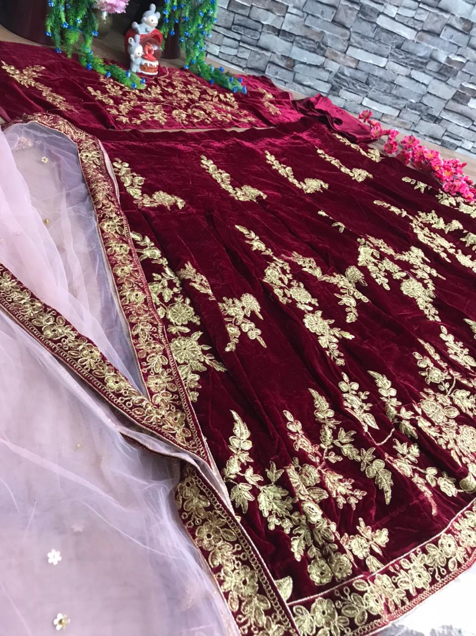 Surpassing Maroon Color Coding Embroidered Work Fancy Velvet Design Lehenga Choli