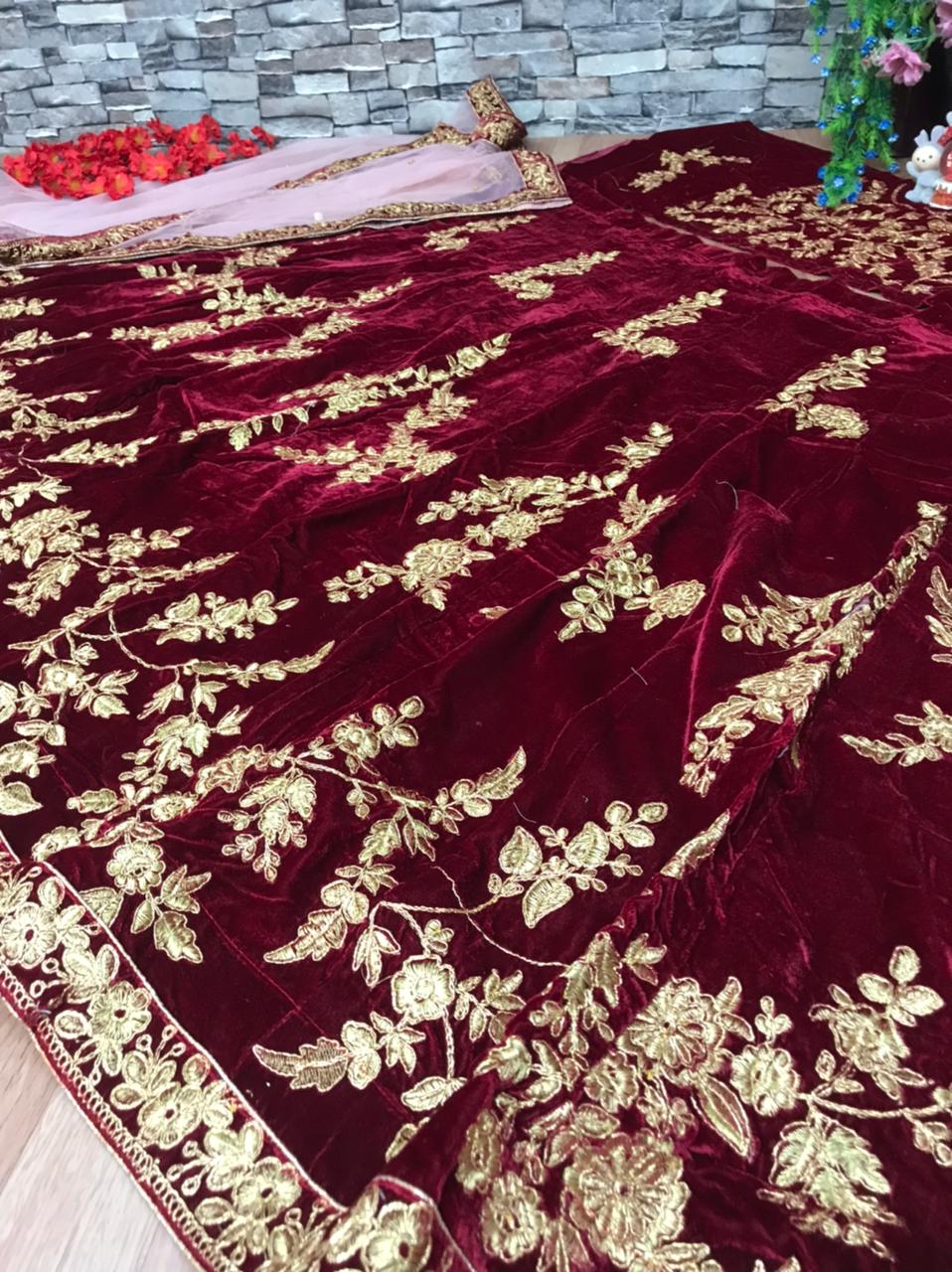 Surpassing Maroon Color Coding Embroidered Work Fancy Velvet Design Lehenga Choli