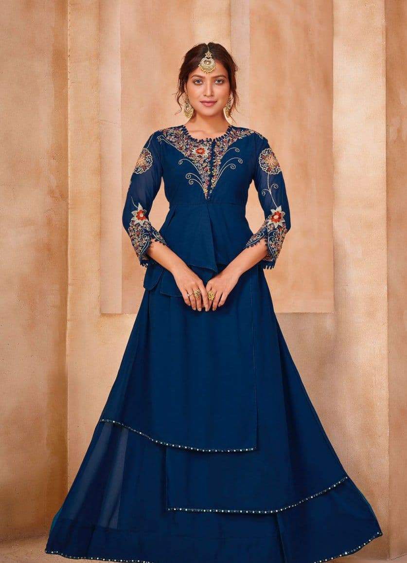 Classic Blue Color Party Wear Georgette Embroidered Work Indo Western