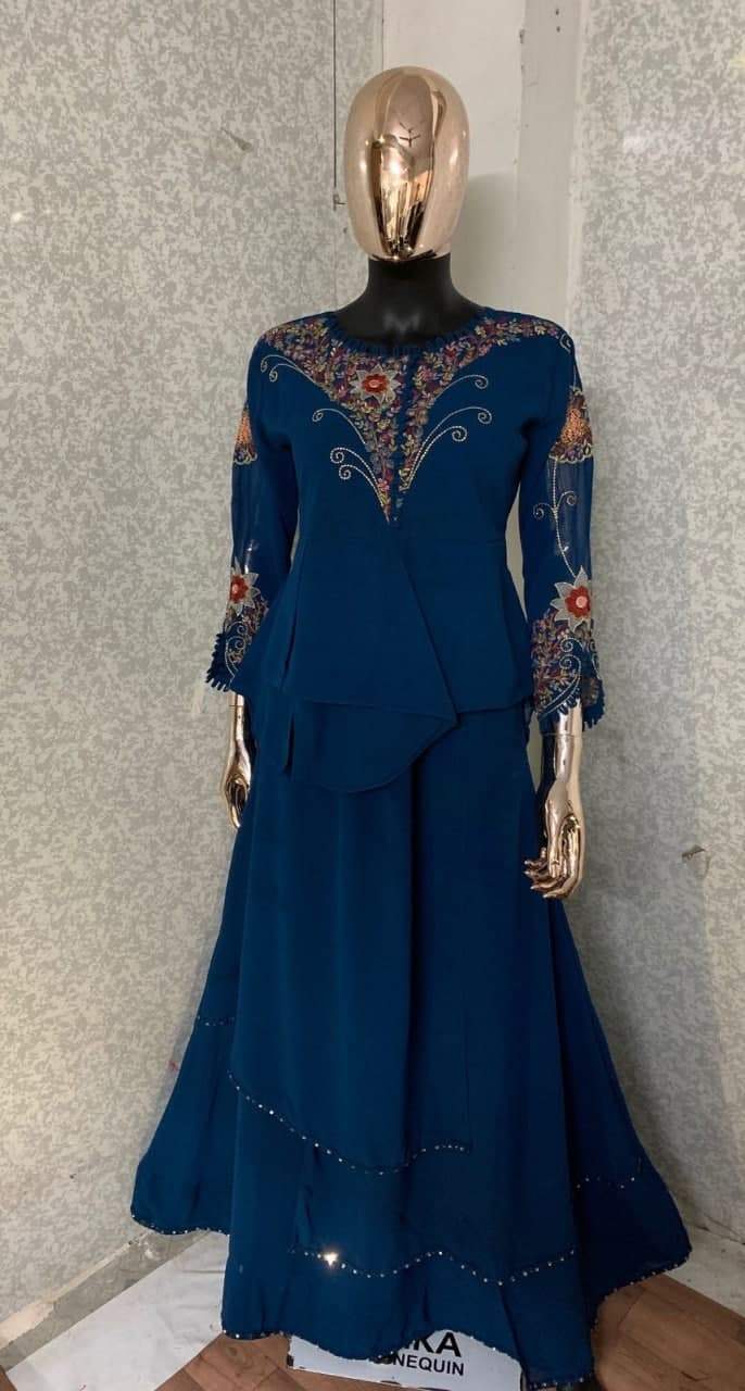 Classic Blue Color Party Wear Georgette Embroidered Work Indo Western