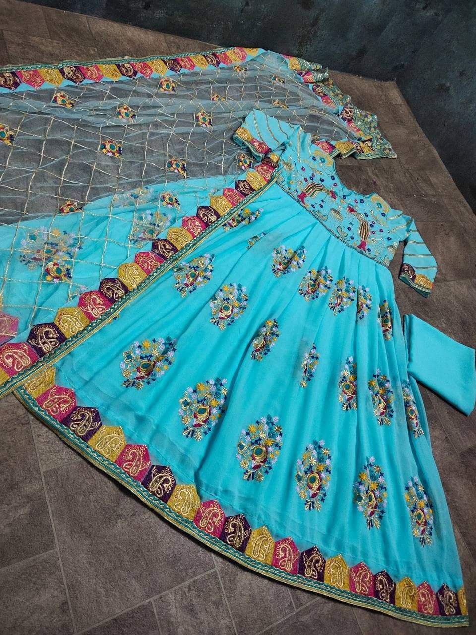 Entrancing Sky Blue Color Embroidered Work Georgette Salwar Suit For Women