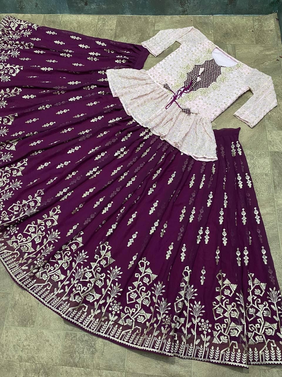 Winsome Wine Color Georgette Embroidered Work Indo Western Lehenga