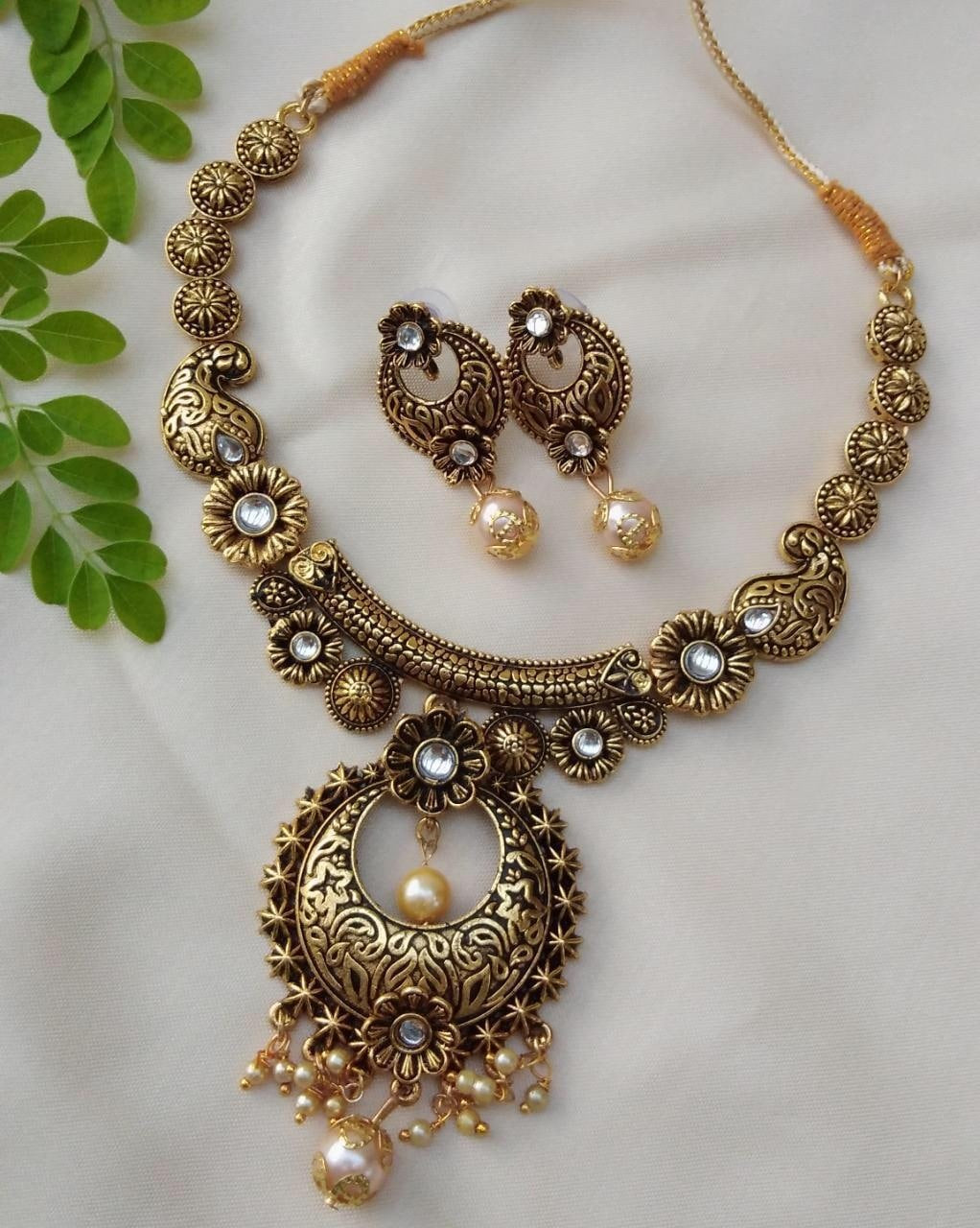 Appealing Copper Pearl Moti Stone Artificial Necklace For Ladies