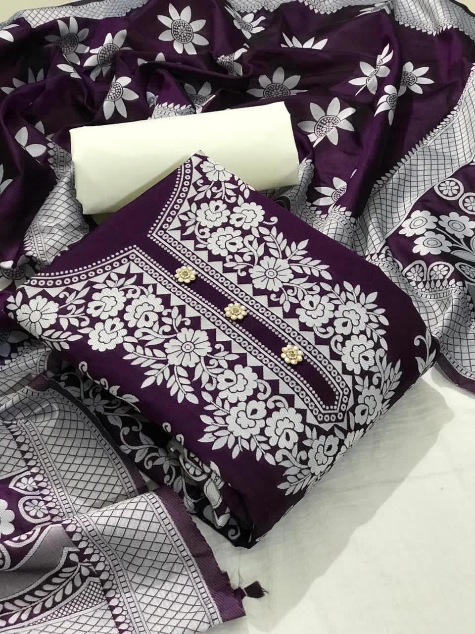 Marvalous Wine Color Banarasi Silk Printed Salwar Suit For Women