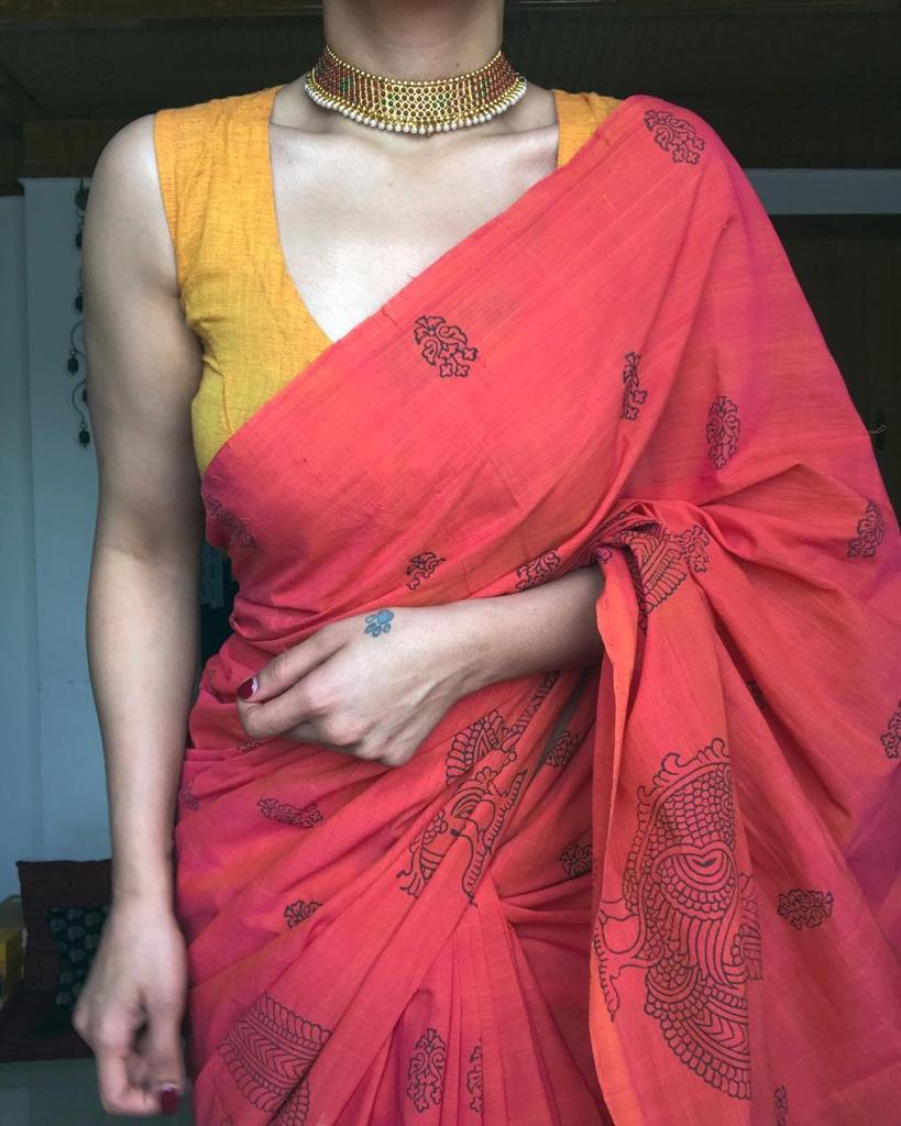 Stylish Pink Color Designer Linen Digital Printed Saree Blouse For Ladies