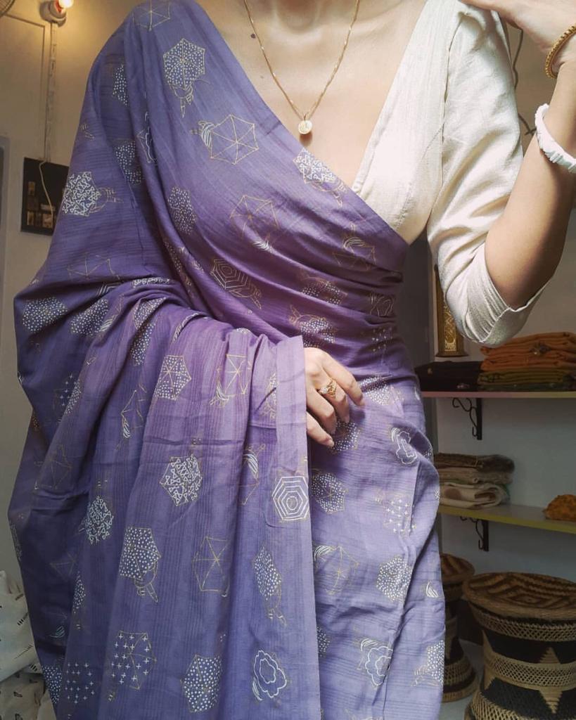 Blooming Purple Color Digital Printed Party Wear Linen Saree Blouse