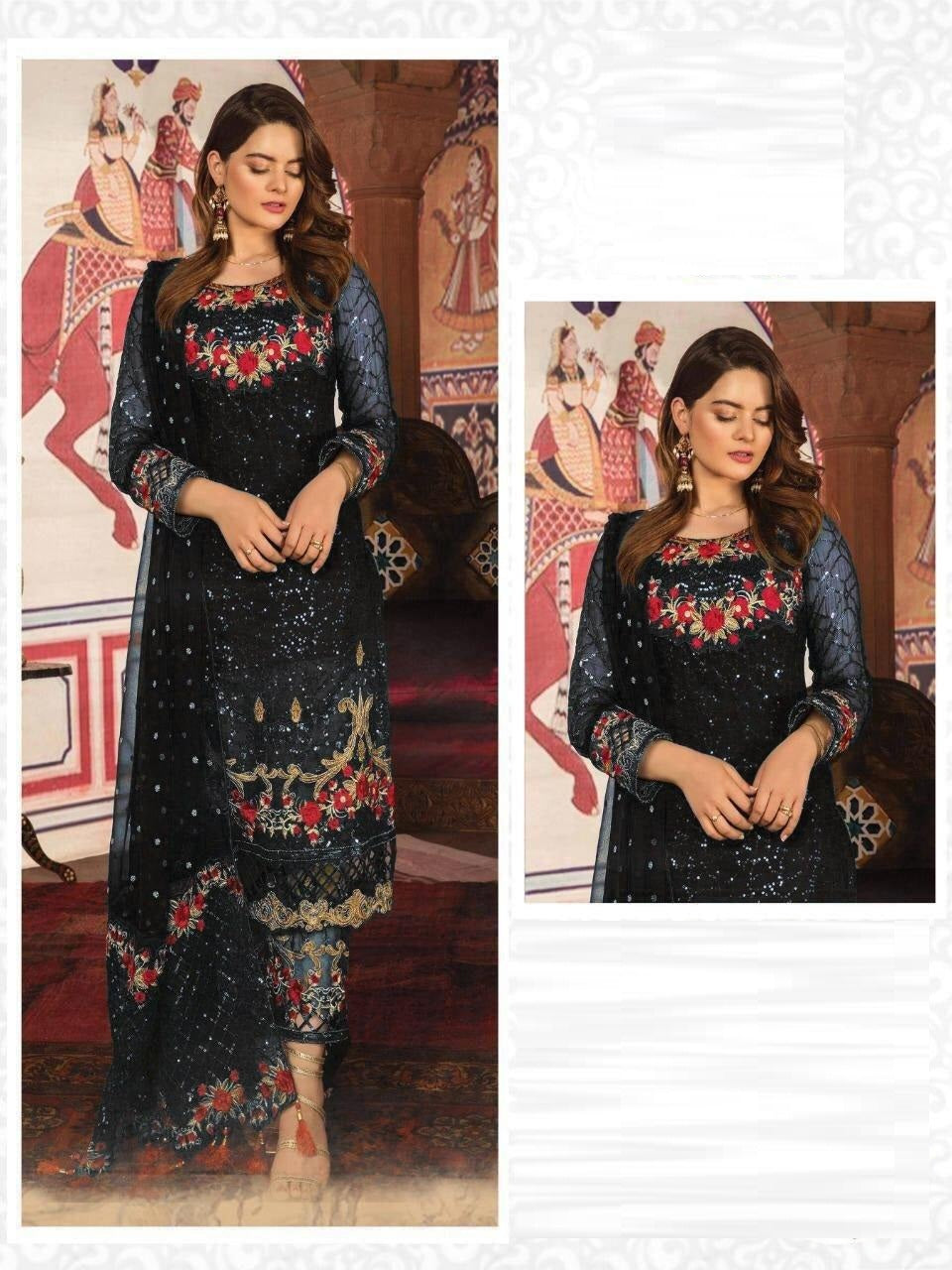 Party Wear Georgette Thread Work Straight Cut Semi Stitched Salwar Suit