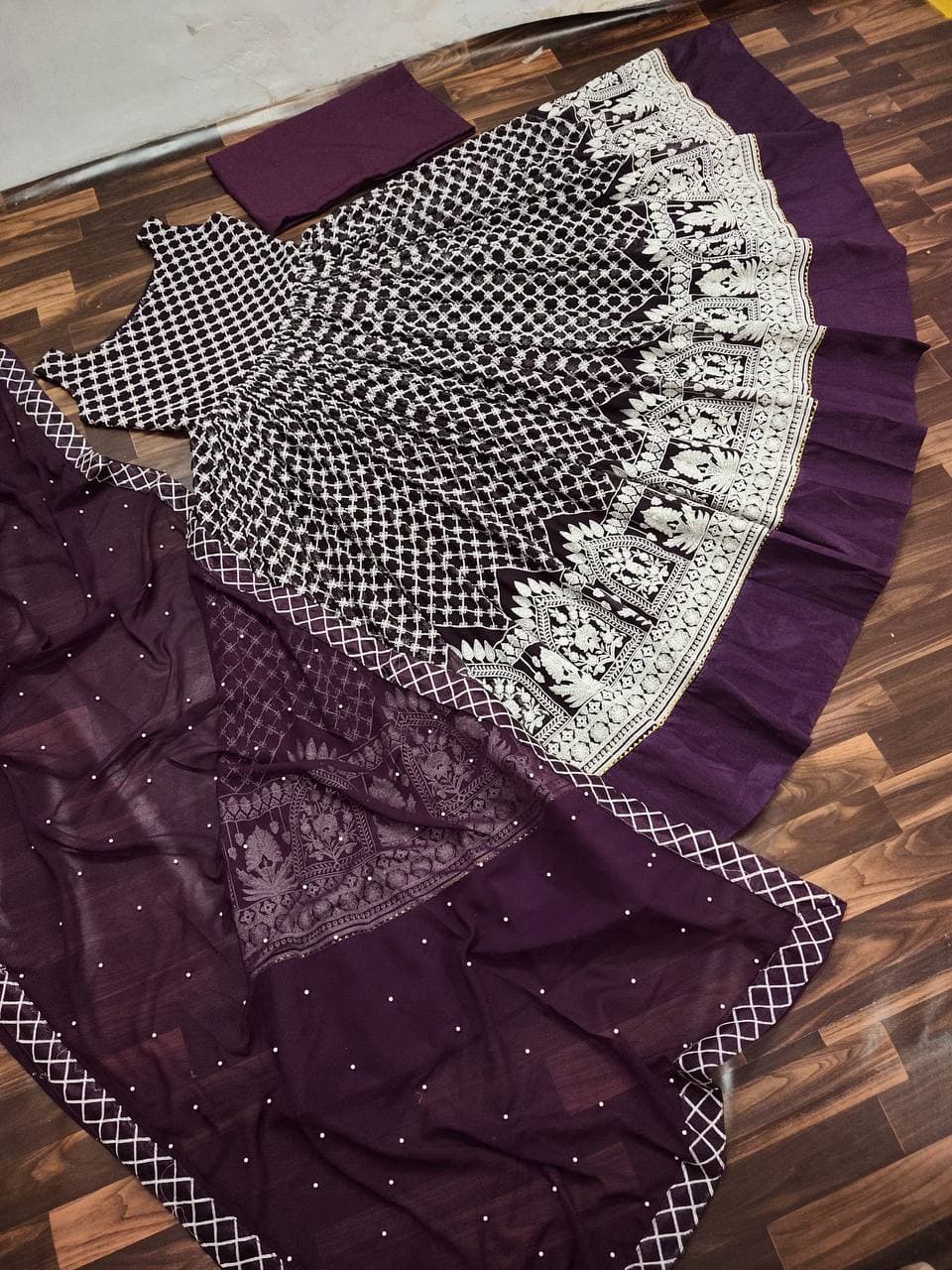 Winning Wine Color Fancy Embroidered Work Georgette Salwar Suit For Function Wear