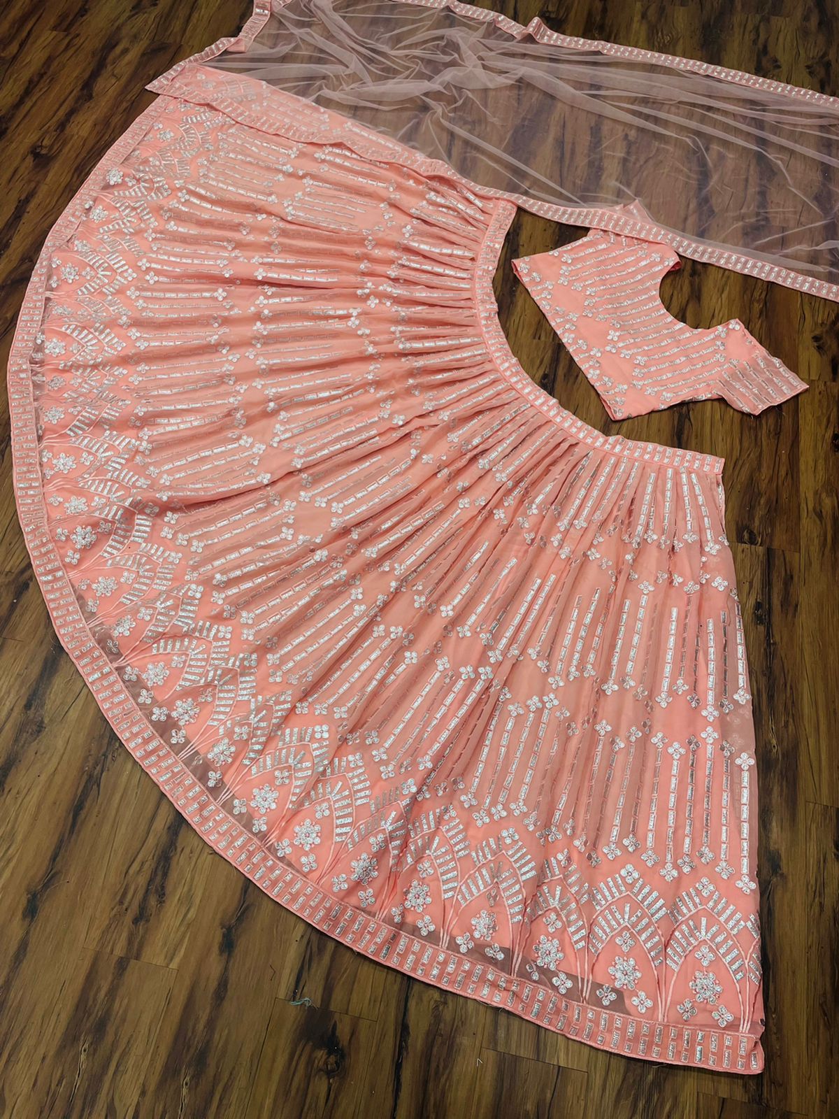 Sophisticated Peach Color Wedding Wear Georgette Embroidered Work Lehenga Choli Design
