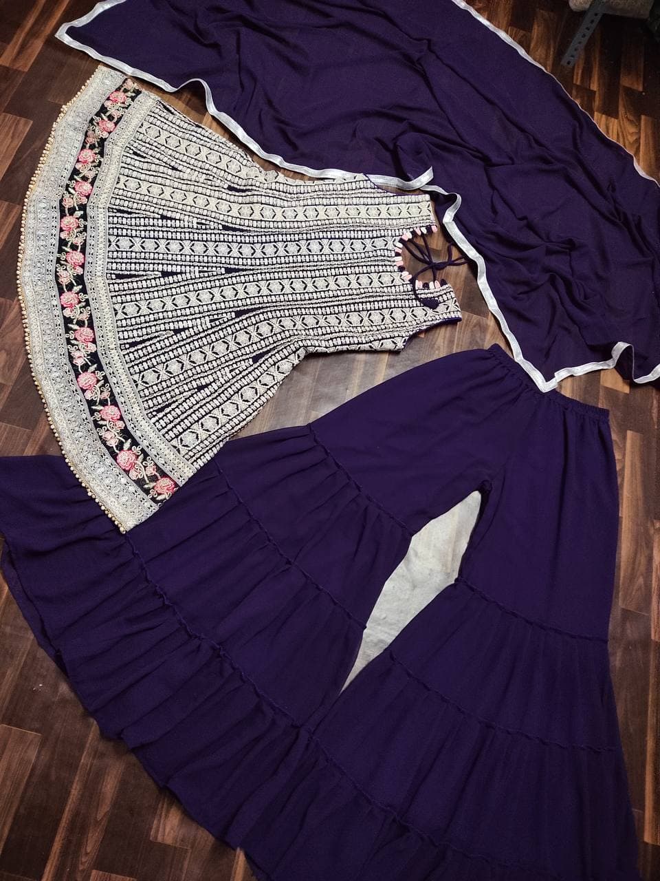 Prominent Violet Color Georgette Embroidered Work Salwar Suit For Women