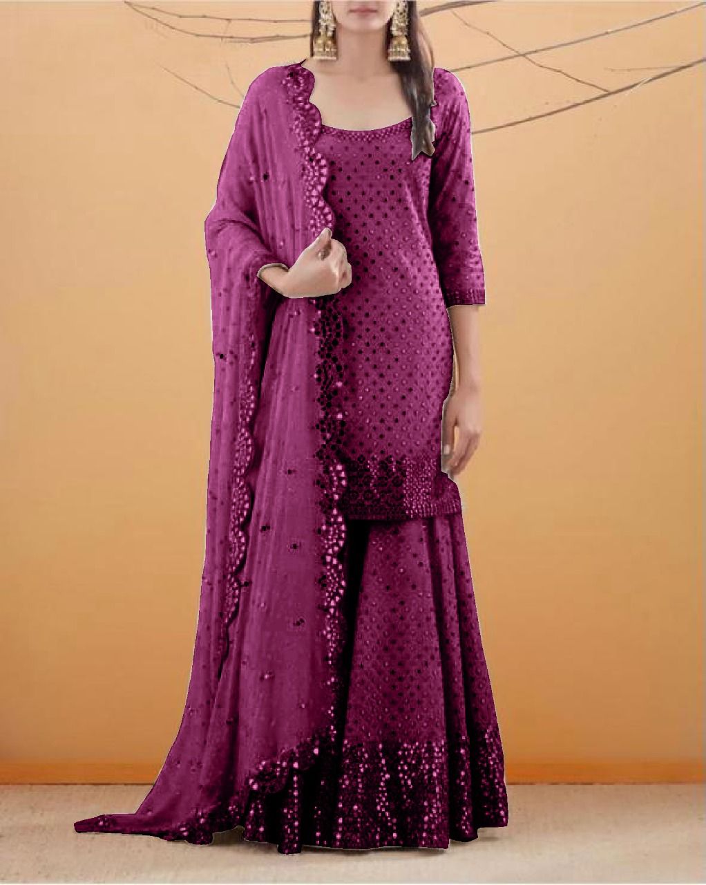 Wonderful Wine Color Georgette Party Wear Sequence Work Sharara Suit Design