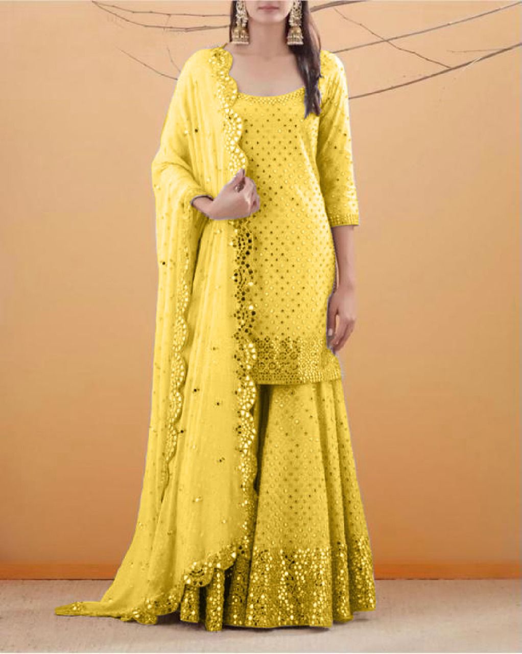 Starling Yellow Color Georgette Embroidered Sequence Work Sharara Suit For Occasion Wear