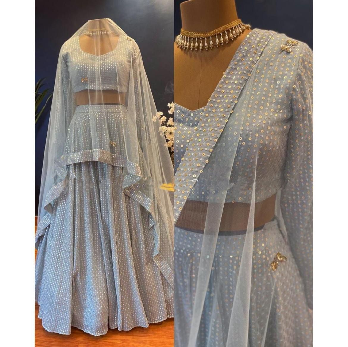 Demanding Grey Color Party Wear Sequence Work Georgette Lehnega Choli