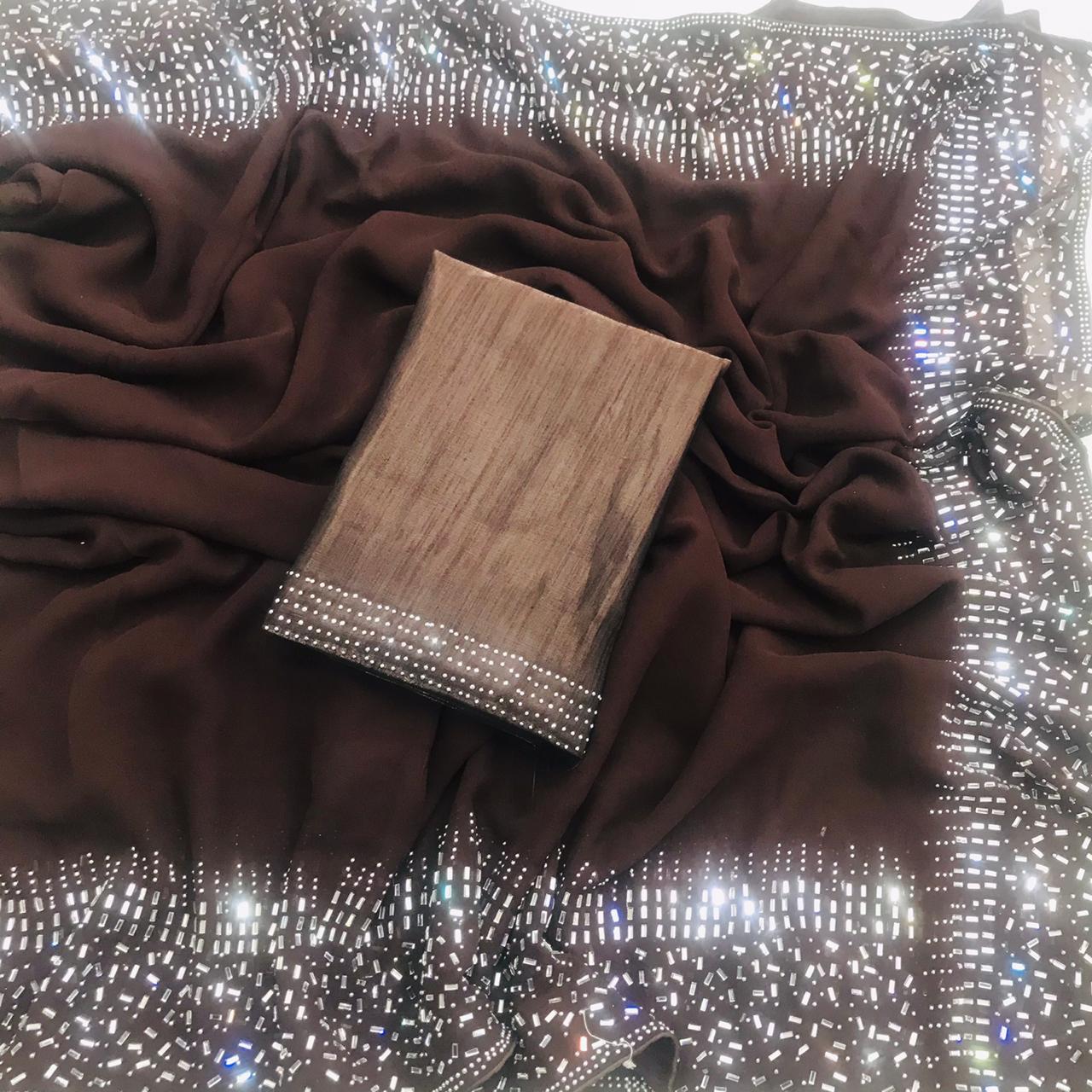 Wedding Wear Coffee Color Georgette Fix Stone Work Saree Blouse