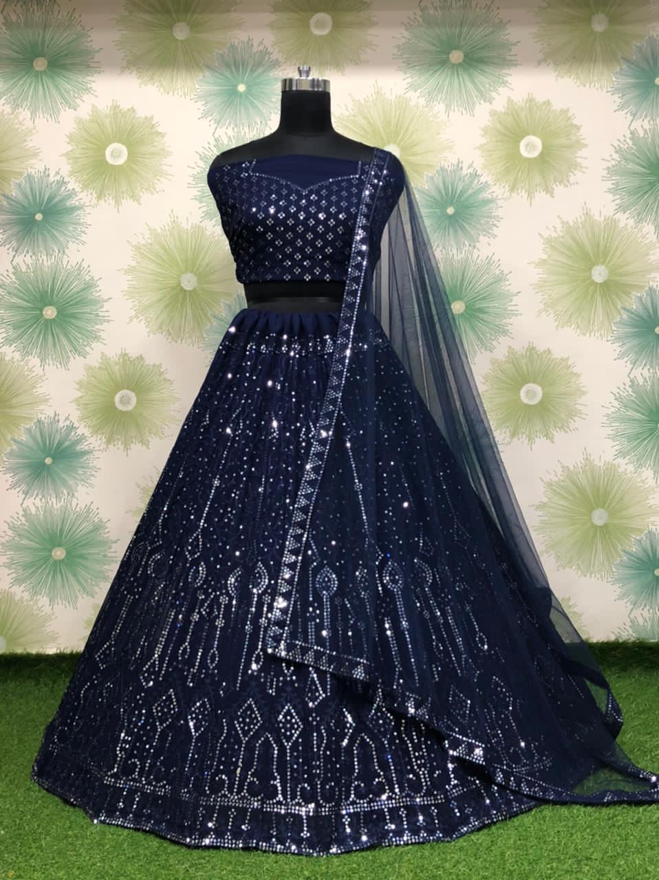 Navy Blue Color Embroidered Sequence Work Wedding Wear Georgette Lehenga Choli