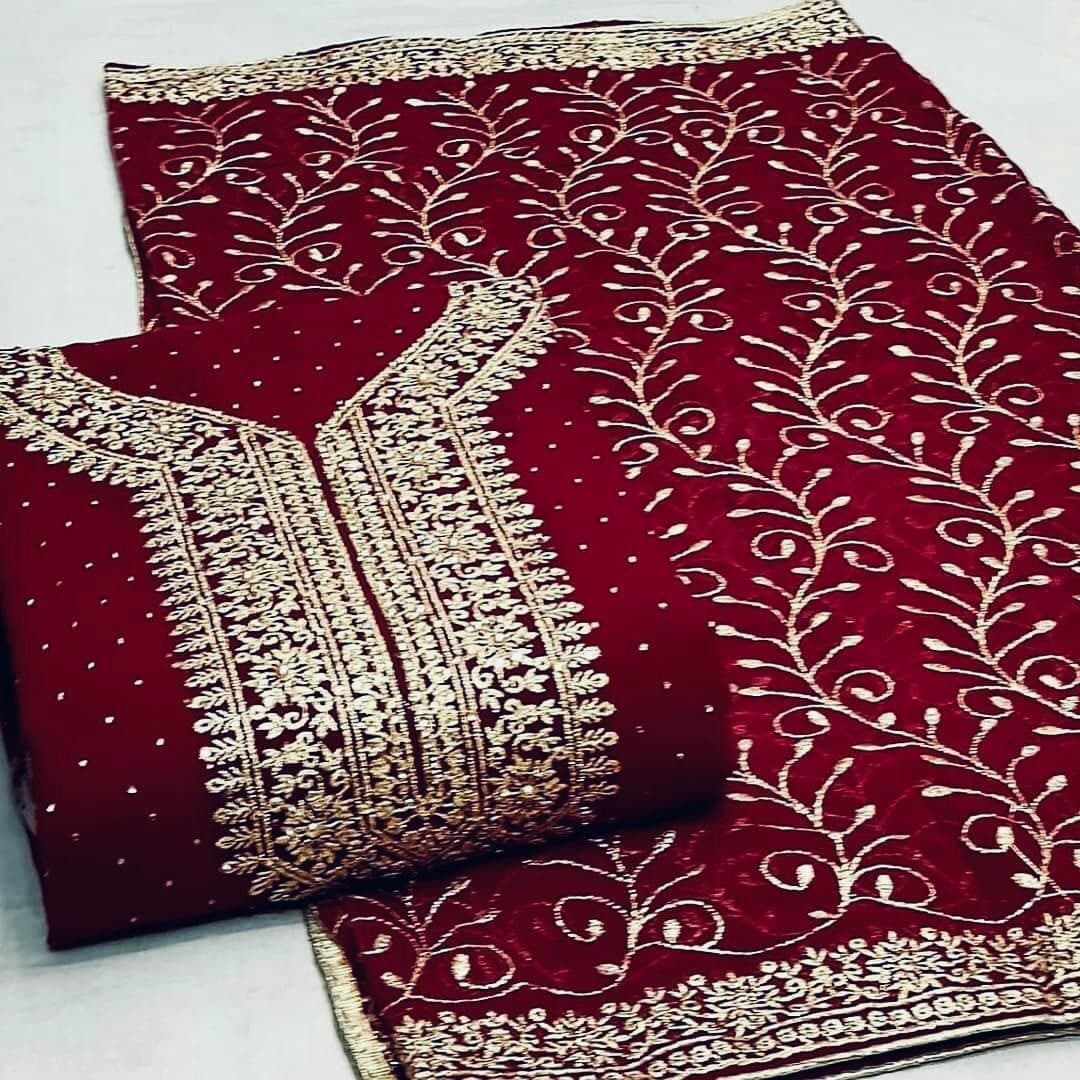 Function Wear Maroon Georgette Embroidered Heavy Dress Material