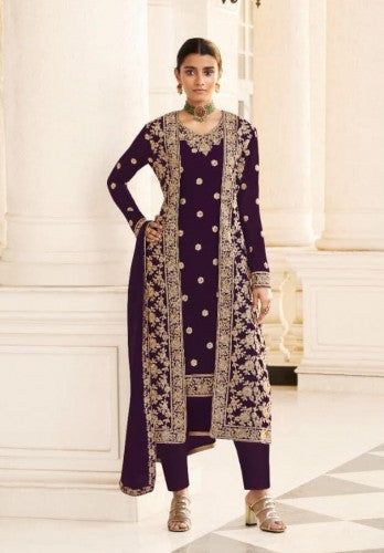 Eye-catching Wine Color Party Wear Georgette Embroidered Work Salwar Suit