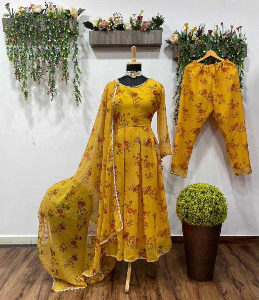 Shattering Mustard Color Georgette Digital Printed Casual Wear Salwar Suit