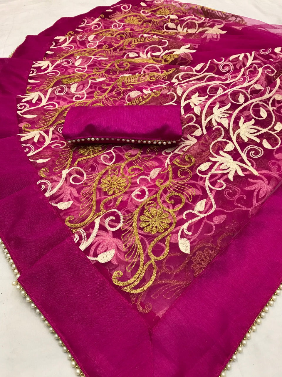 Party Wear Soft Net Thread Embroidered Work Saree Blouse For Ladies