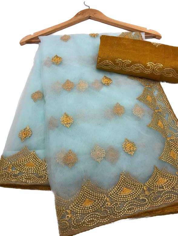 Magnificent Sky Color Designer Net Embroidery Work Wedding Wear Saree