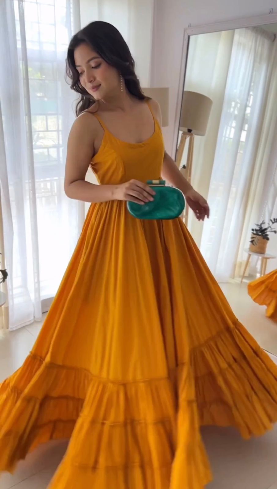 Haldi Wear Chinon Silk Ready To Wear Gown For Girls Wear
