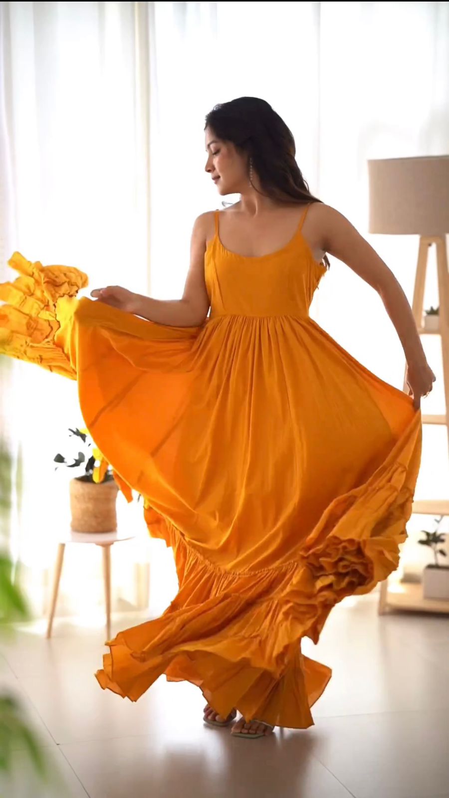 Haldi Wear Chinon Silk Ready To Wear Gown For Girls Wear