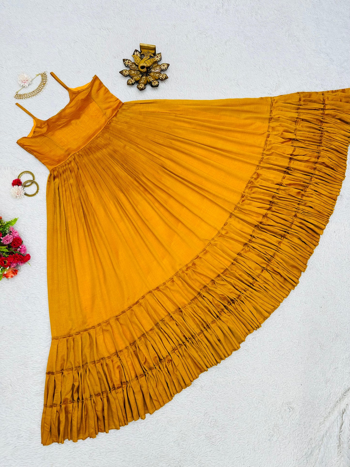 Haldi Wear Chinon Silk Ready To Wear Gown For Girls Wear