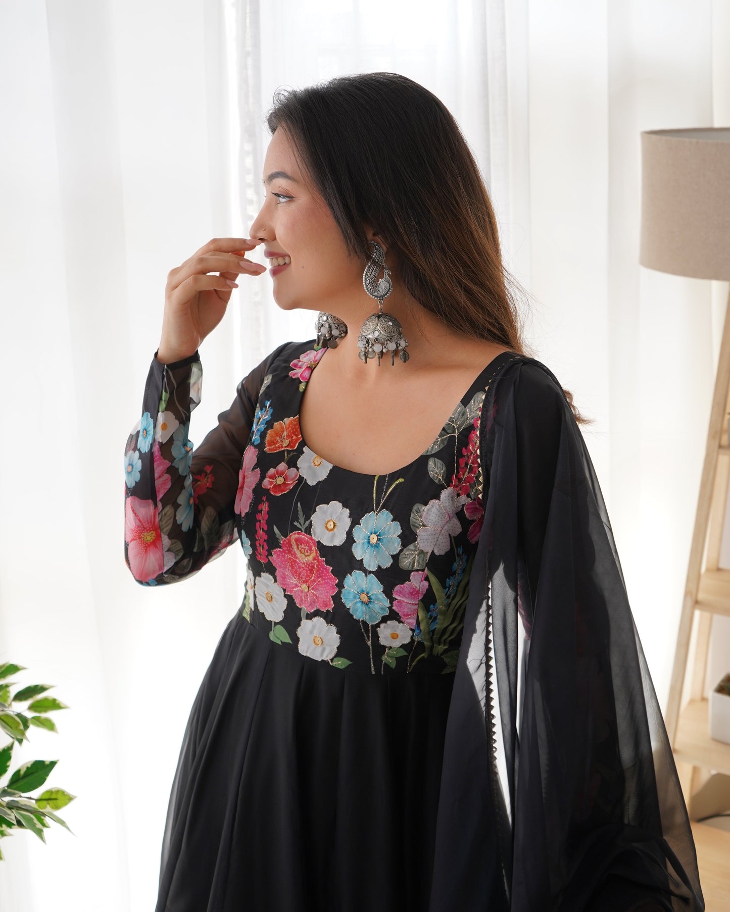 Black Pure Organza Silk Printed Full Stitched Anarkali Frock Set