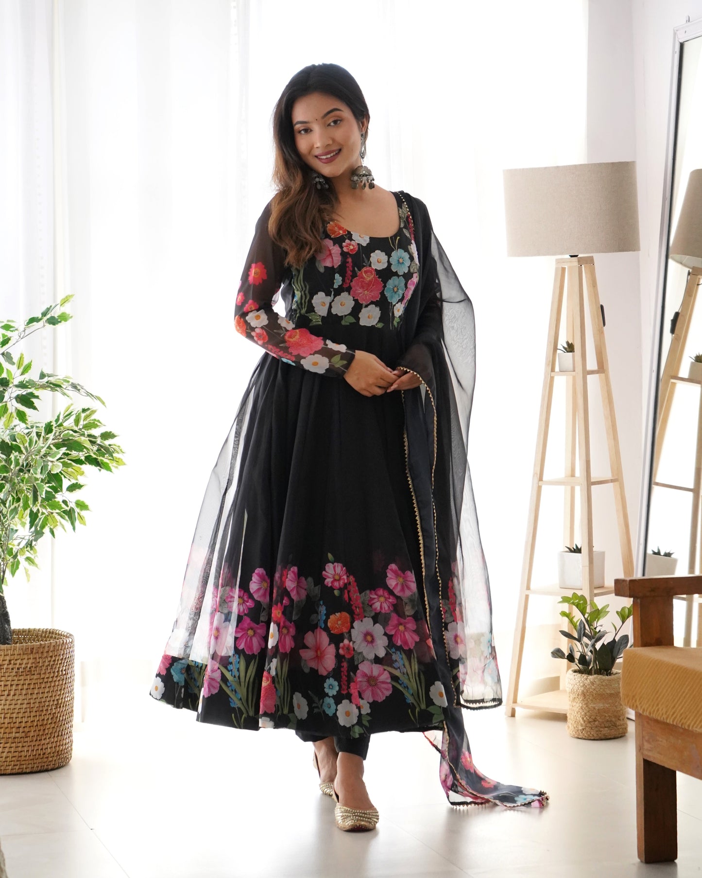 Black Pure Organza Silk Printed Full Stitched Anarkali Frock Set