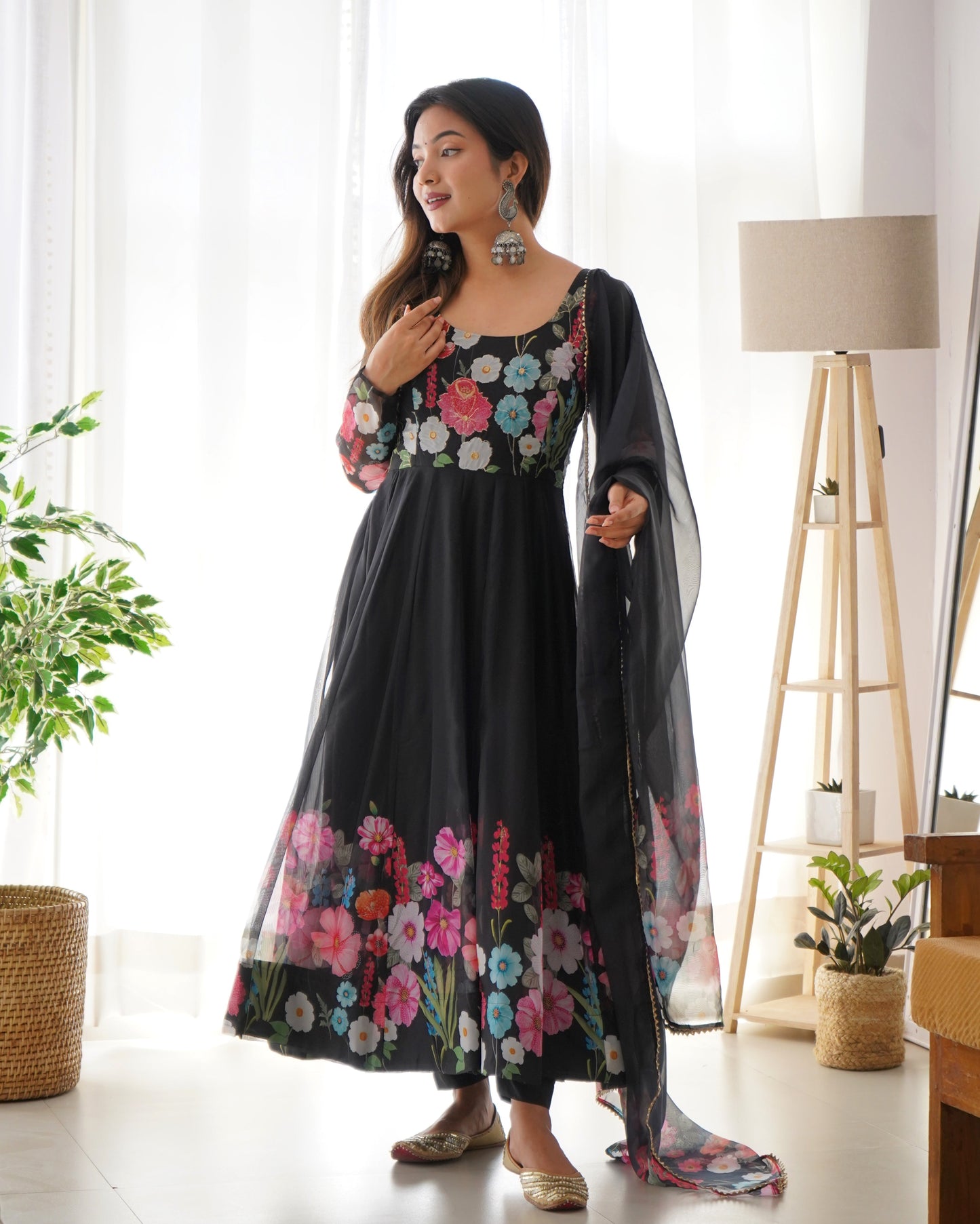 Black Pure Organza Silk Printed Full Stitched Anarkali Frock Set