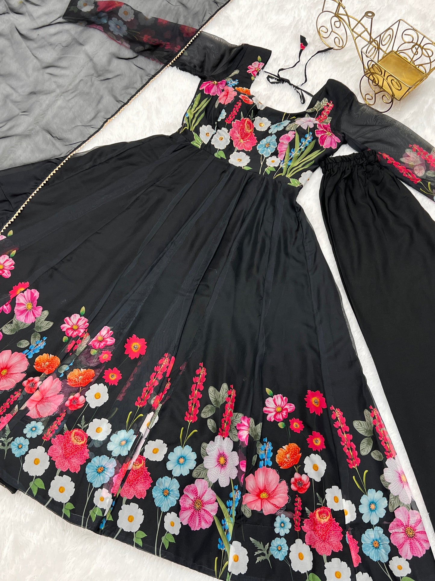 Black Pure Organza Silk Printed Full Stitched Anarkali Frock Set