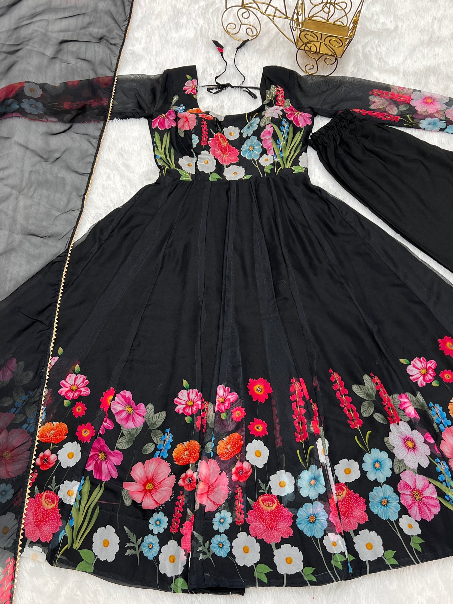 Black Pure Organza Silk Printed Full Stitched Anarkali Frock Set
