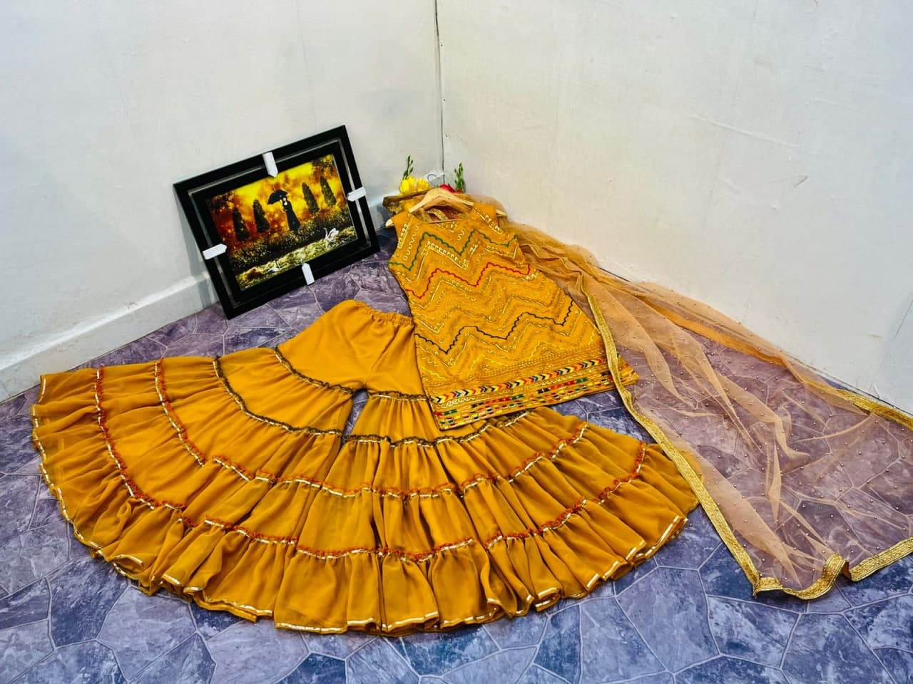 Admiring Mustard Color Party Wear Georgette Embroidered Work Sharara Suit
