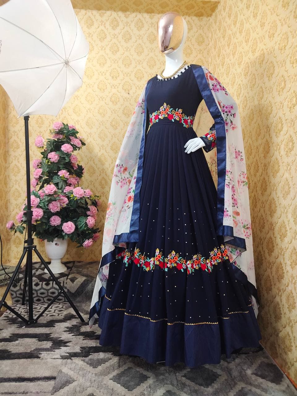 Stunning Blue Color Embroidered Work Georgette Salwar Suit For Ladies