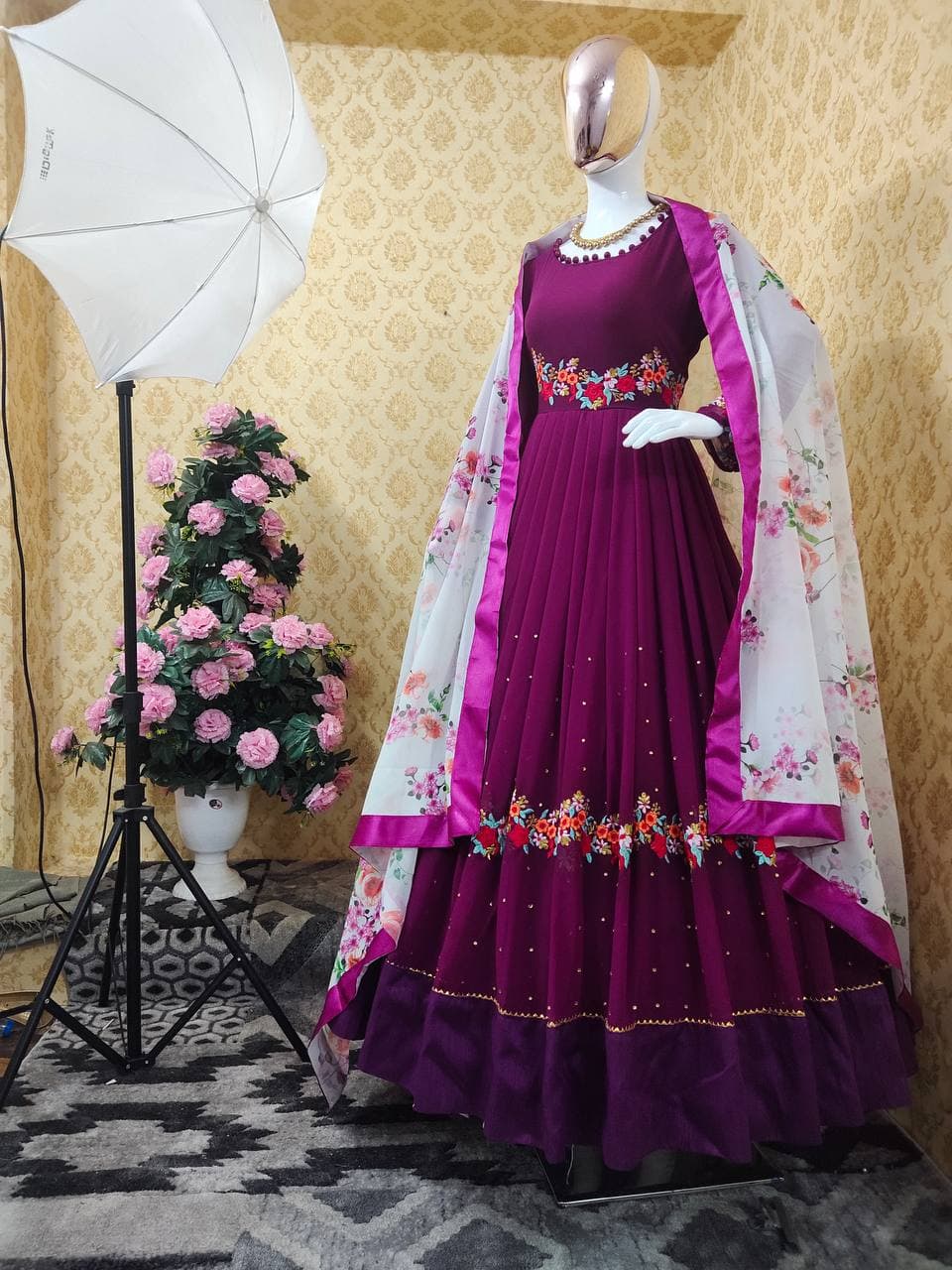 Sensational Wine Color Georgette Embroidered Work Salwar Suit For Women