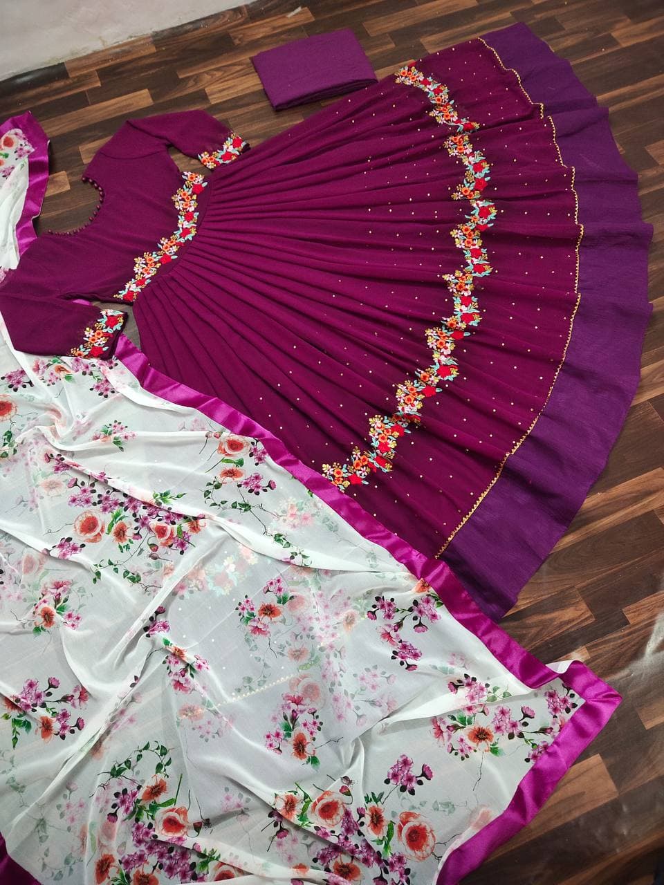 Sensational Wine Color Georgette Embroidered Work Salwar Suit For Women