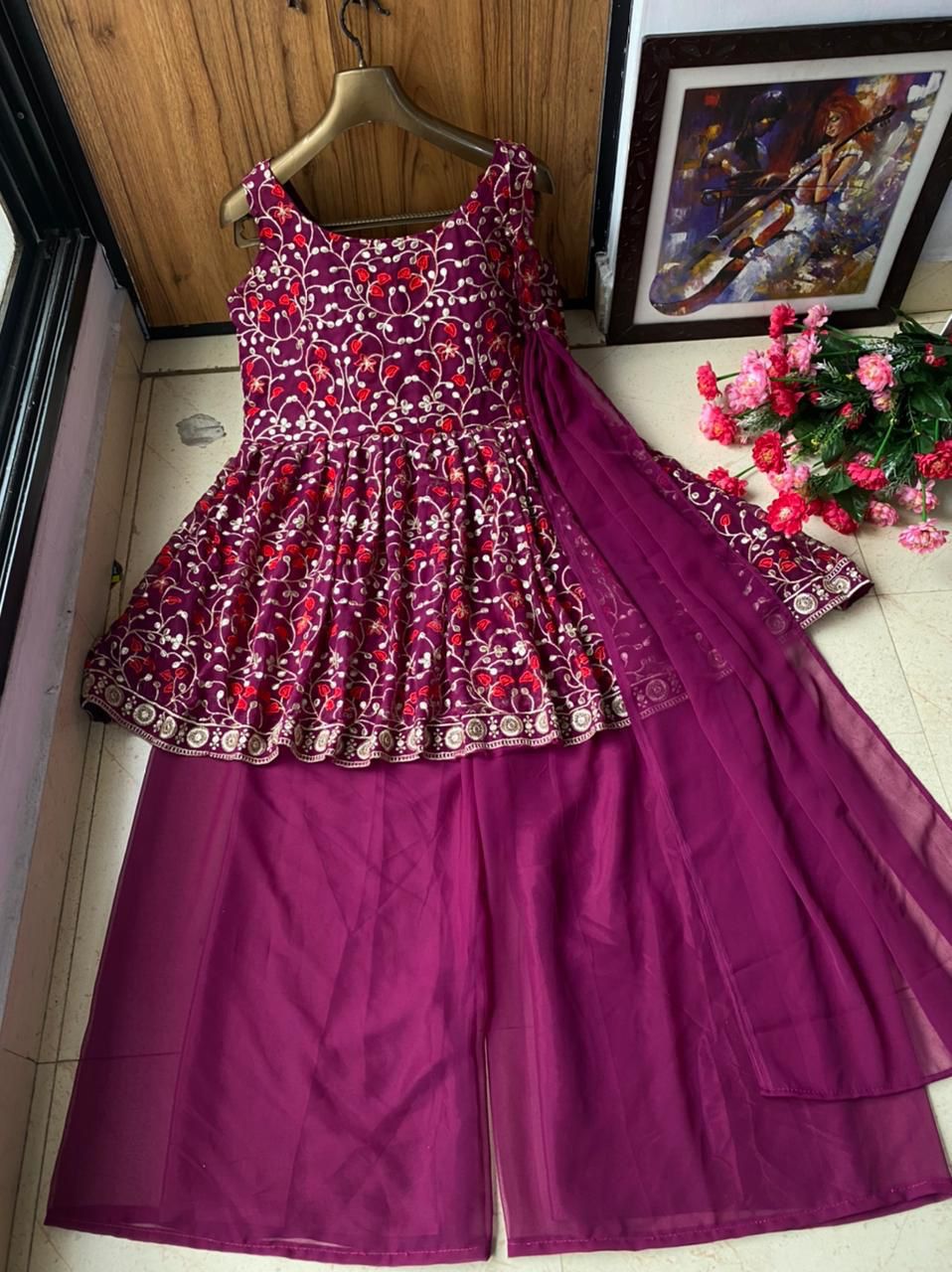 Innovation Wine Color Embroidered Work Georgette Sharara Suit For Women