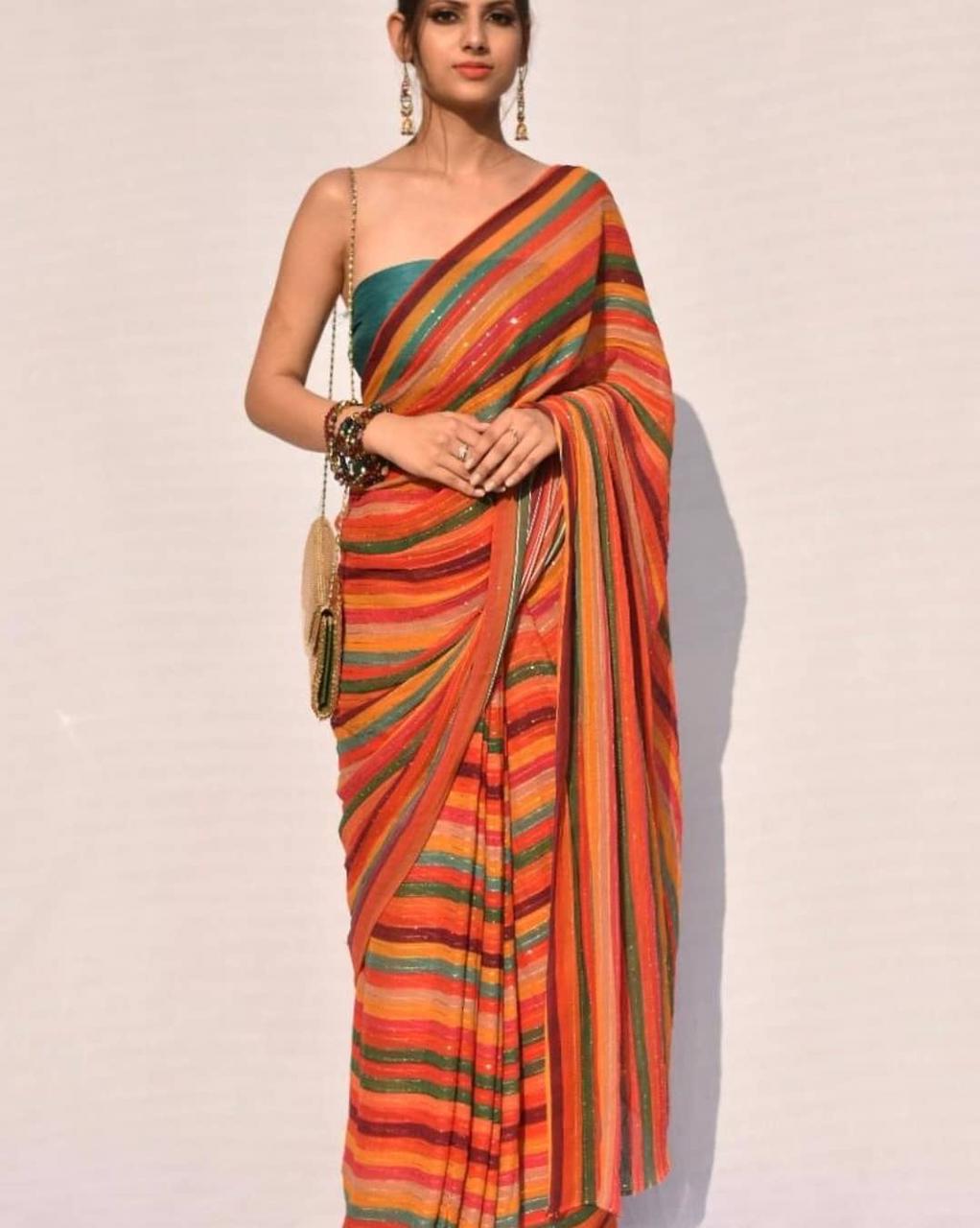 Engrossing Multi Color Party Wear Georgette Sequence Printed Work Saree Blouse