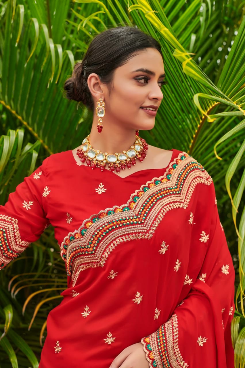 Innovation Red Color Wedding Wear Silk Embroidered Work Saree Blouse