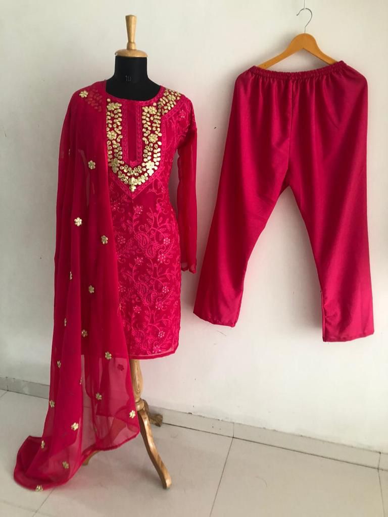 Attractive Red Color Georgette Chine Stitched Suit For Wedding Wear