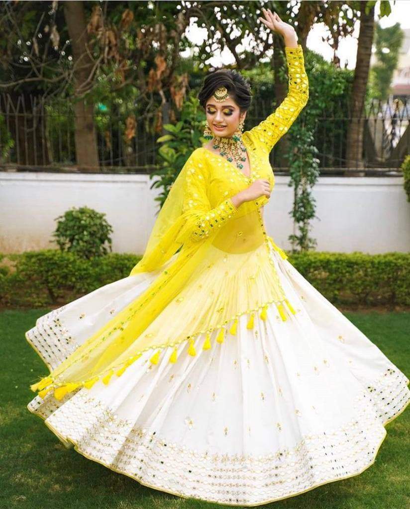 Enamoring White Color Rayon Design Mirror Embroidered Work Lehnega Choli