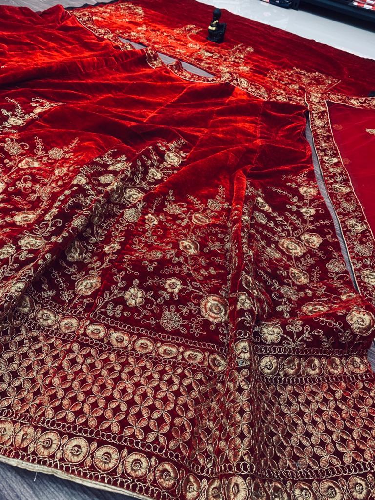 Dashing Red Color Velvet Embroidered Work Lehenga Choli For Wedding Wear