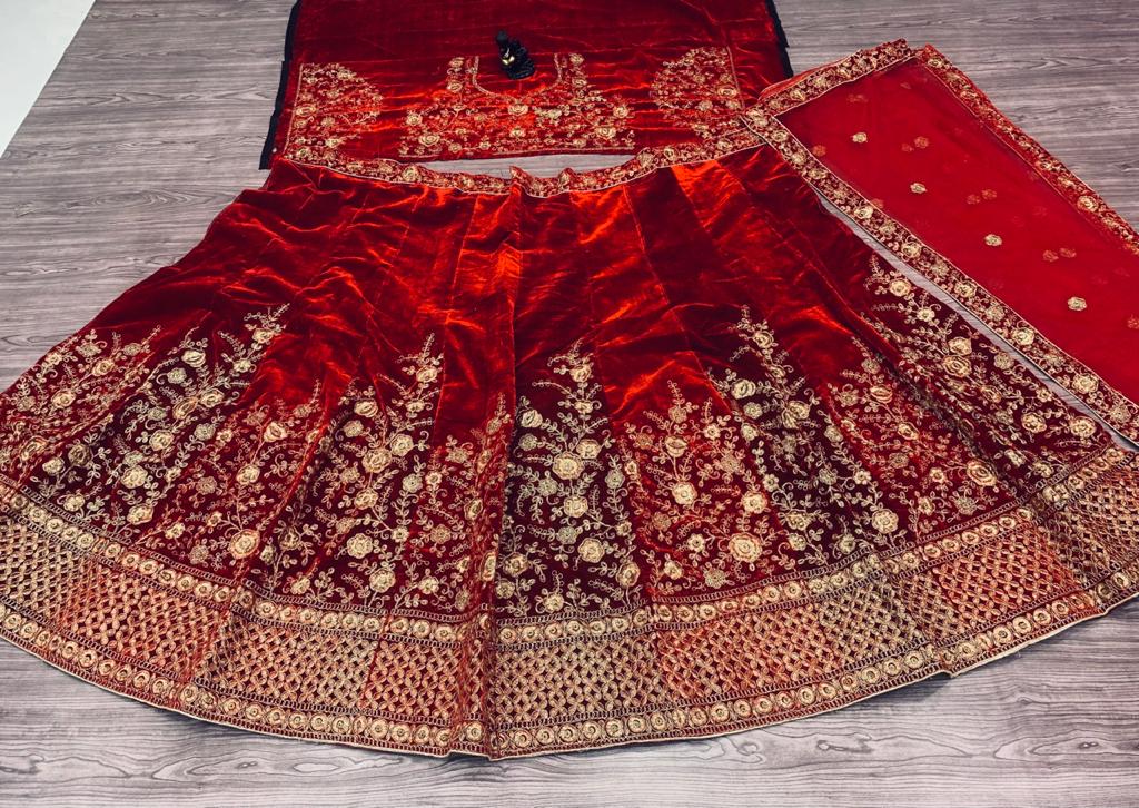 Dashing Red Color Velvet Embroidered Work Lehenga Choli For Wedding Wear