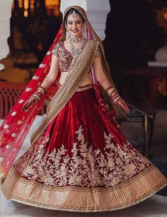 Dashing Red Color Velvet Embroidered Work Lehenga Choli For Wedding Wear