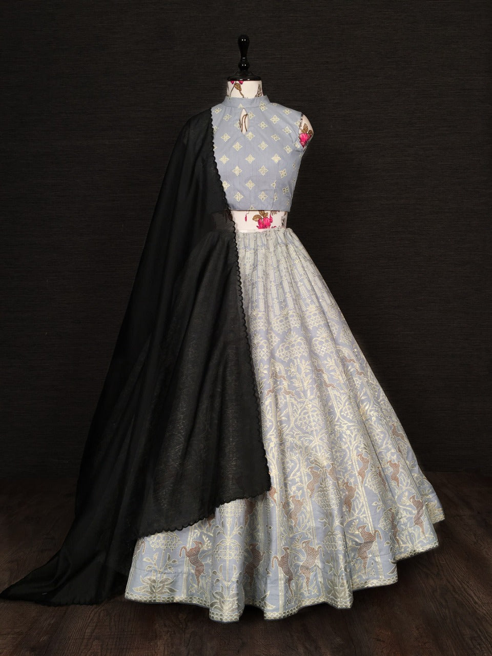 Astonishing Grey Color Function Wear Silk Zari Foil Work Lehenga Choli