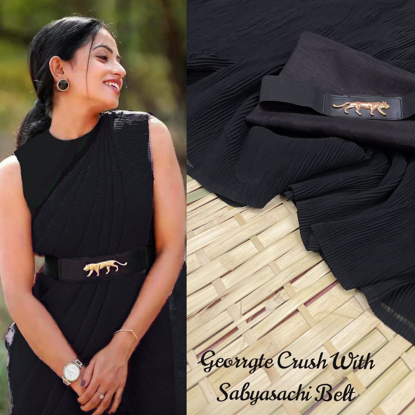 Wonderful Fancy Georgette Black Color Crush Saree With Belt